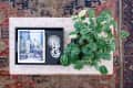 Marble coffee table with a potted plant, a book titled "Evergreen," and a decorative chain on a patterned rug.