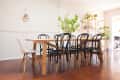 Dining room with a wooden table, black chairs, a white chair, and a plant on the table. Shelves and plants in the background.