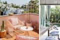 Rooftop patio with pink wire chair, cactus, and potted plants; poolside area with striped curtains and a black dog.