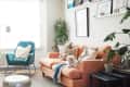 Cozy living room with peach sofa, teal armchair, plants, and a small dog on the sofa.