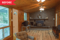 Wood-paneled living room with brick fireplace, ceiling fan, and vintage furniture.
