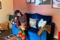 Person sitting on a blue sofa with colorful pillows, holding a cat, surrounded by vibrant decor and framed art on the wall.
