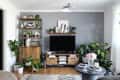 Living room with gray accent wall, TV on wooden stand, plants, bookshelves, and round coffee table with flowers and decor.