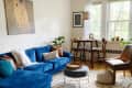 Living room with blue sofa