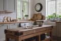 Rustic kitchen with a wooden island, green pendant light, large clock, and potted plants on the windowsill.