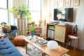 Cozy living room with a blue sofa, colorful cushions, plants, books, and a TV on a wooden stand.