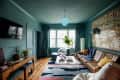 Blue pendant turned on in blue hued living room with large quilt hung above brown leather sofa in light filled room.