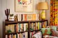 bookshelves in colorful Brooklyn apartment