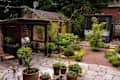 Flagstone pavers in plant filled backyard.