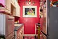 Narrow kitchen with pink walls, blue countertop, white cabinets, colorful rug, and butterfly artwork.
