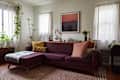 Cozy living room featuring a purple sectional sofa with colorful pillows, plants, and a wooden side table with decor.