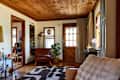 Cozy living room with wooden ceiling, brown leather chair, patterned rug, and decorative plants near a door and window.