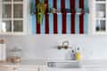 Kitchen sink area with a brass faucet, striped wall shelf, potted plant, and glass jar of popcorn.