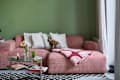 Cozy living room with a pink sofa, white pillows, a patterned throw, a small dog in a sweater, and a glass coffee table.