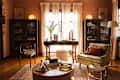 Cozy living room with pink walls, a green armchair, wooden furniture, and large windows with sheer curtains.