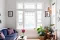 Living room with blue sofa, colorful cushions, large window, potted plants, and framed artwork on light walls.
