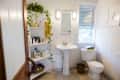 Bathroom with pedestal sink, toilet, and corner shelves with toiletries and a hanging plant.
