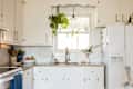 Bright kitchen with white cabinets, granite countertop, sink, hanging plants, and a bowl of colorful fruits.