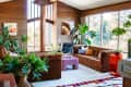 Mid-century modern living room with brown sofas, large plants, colorful rug, and floor-to-ceiling windows.