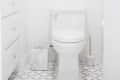 White bathroom with a toilet, ornate mirror, marble trash can, and geometric floor tiles.