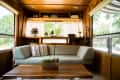 Mid-century modern trailer interior with a gray sofa, wooden coffee table, vintage fan, typewriter, and books on shelves.
