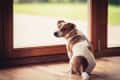 Jack Russell Terrier sitting by a wooden-framed glass door, looking outside.