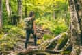 Woman hiking on a forest trail with a green backpack, surrounded by lush trees and roots.