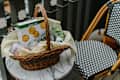 Snacks in basket on outdoor table.