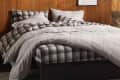 Plaid bedding set on a bed with wooden headboard and textured rug.
