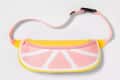 Pink and yellow citrus-themed fanny pack with adjustable strap and zipper closure.