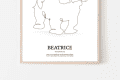 Line art of a dog with text "Beatrice" below, framed in light wood.