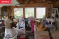 Cluttered garage with boxes, laundry basket, ladder, and various household items near large windows.