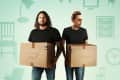 Two men holding labeled moving boxes, one for the living room and one for the kitchen, with furniture icons in the background.