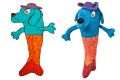 Blue dog-fish hybrid with orange scales and purple hat, shown as drawing and plush toy.