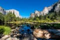 Yosemite Valley view with El Capitan, lush green trees, and a calm river reflecting the clear blue sky.