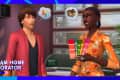 Two Sims characters discussing home design, one holding color swatches, with thought bubbles of paint and a house.