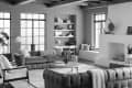 Modern living room with tufted sofas, large windows, built-in shelves, and a fireplace with decorative items.