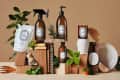 Assorted cleaning products with brown bottles, a candle, and a white pouch, surrounded by plants and wooden brushes.