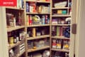 After: three panels of a pantry with lots of shelves holding food, water, and bowls
