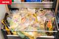 Pantry before and after reorganizing with square and rectangular containers, labels, and baking sheets.