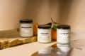 Three P.F. Candle Co. soy candles labeled Canyon Hideaway, Citrus Daze, and Electric Surf on a stone surface with an orange.