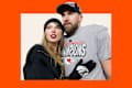 Taylor Swift and Travis Kelce on colored background