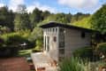 Modern garden shed with large windows, surrounded by lush greenery and a wooden deck, set in a forested area.