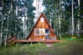 A-frame cabin with wooden exterior, surrounded by tall trees, and a small porch with steps leading to the entrance.
