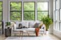 Cozy living room with a dog on a white sofa, surrounded by plants and large windows with a view of green trees.