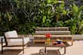 Outdoor furniture wrapped in fabric.