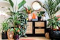 Lush indoor plants surrounding a black cabinet with cane drawers, colorful vases, and a round mirror above.