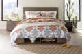 Macy's Shash Dine collaboration bedding with geometric motif and neutral colors with pops of turquoise