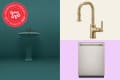 teal sink, gold sink faucet, and dishwasher from the 2024 Kitchen and Bath Show. Seal in upper left reads "Apartment Therapy Best in Show 2024"