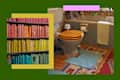 rainbow-organized books and a kitschy 80s bathroom on a colored background